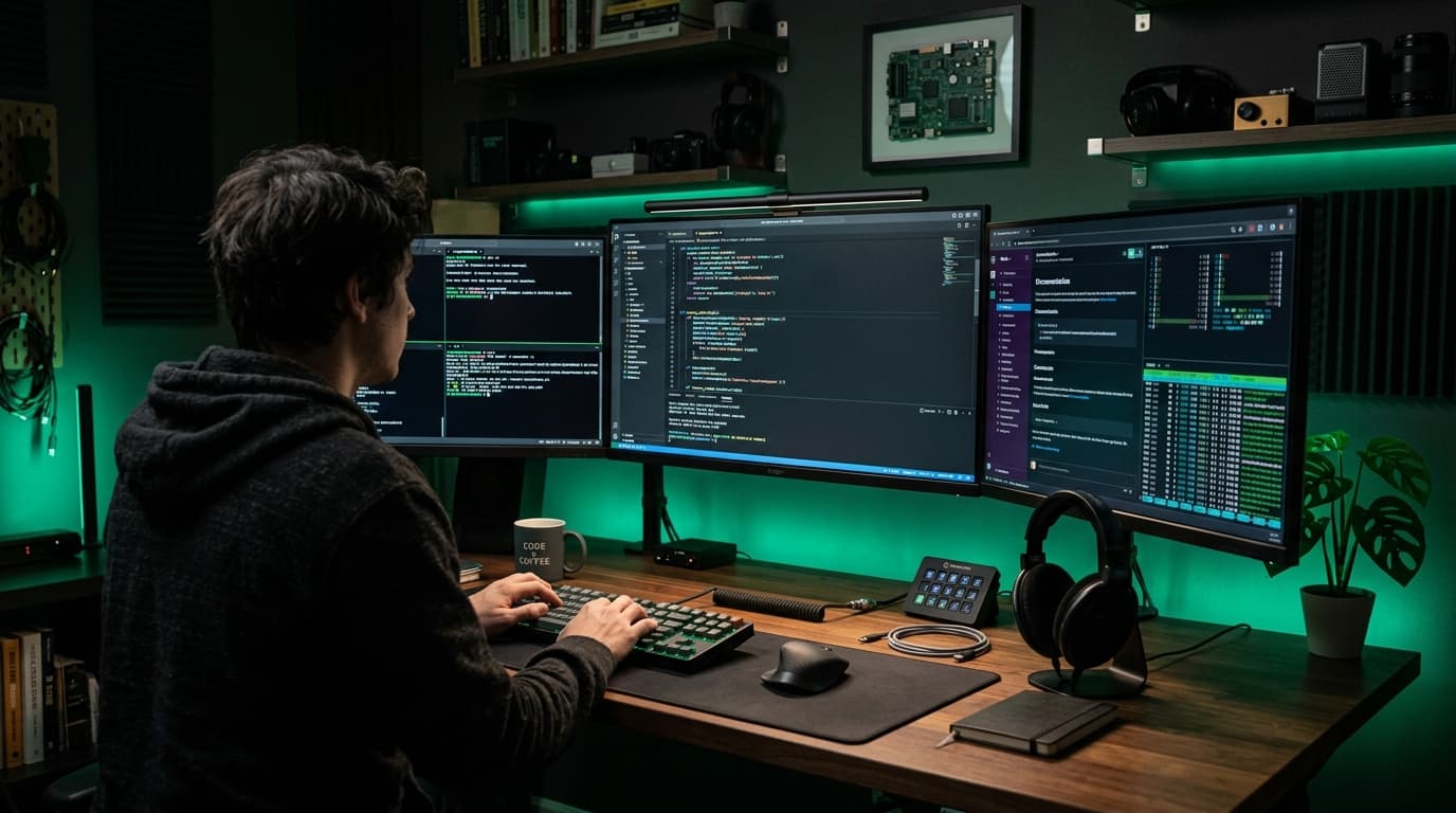 Cinematic developer workstation in dark environment with AgentSpace telemetry